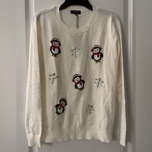 #1690 - Victoria Harbour Crewneck Sweater Ivory Sequined Penguins & Snowflakes